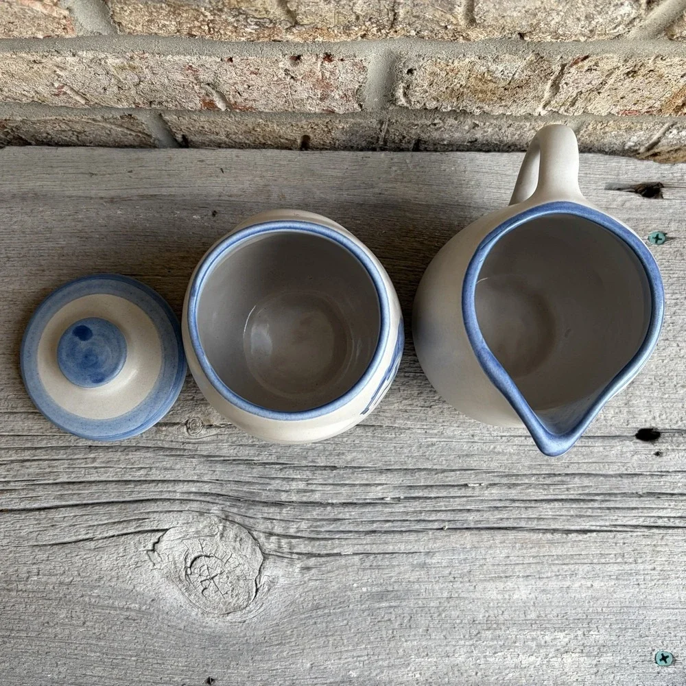 MA Hadley Pottery Prancing Blue Horse Sugar Bowl With Lid & Creamer Oversized